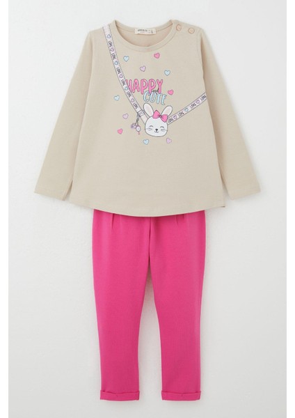 Kız Bebek Taytlı Takım Mutlu Tavşancık Baskılı Kalpli 9 Ay-3 Yaş, Bej