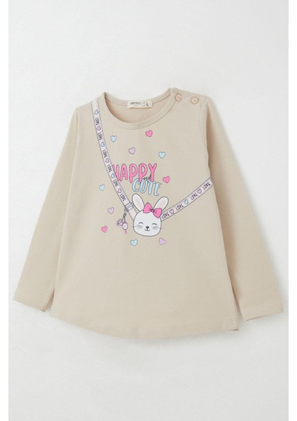 Kız Bebek Taytlı Takım Mutlu Tavşancık Baskılı Kalpli 9 Ay-3 Yaş, Bej
