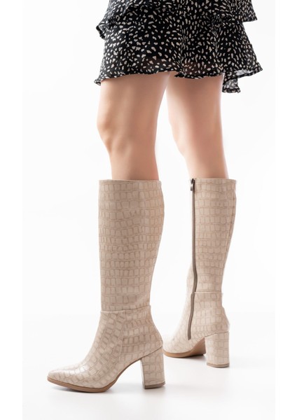 YSN-4422 Bej Kroko Topuklu Kadın Çizme