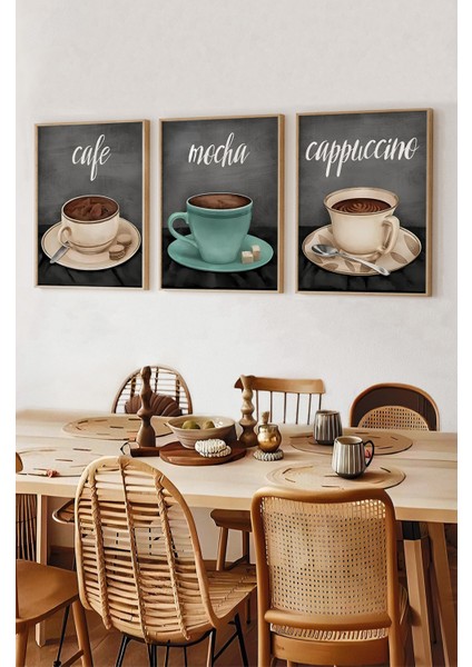 ☕ Kahve Temalı 3'lü Tablo Seti – Ahşap Çerçeveli Mdf Uv Baskı (Cafe, Mocha, Cappuccino) CRV1011 23 x 32 fiyatları