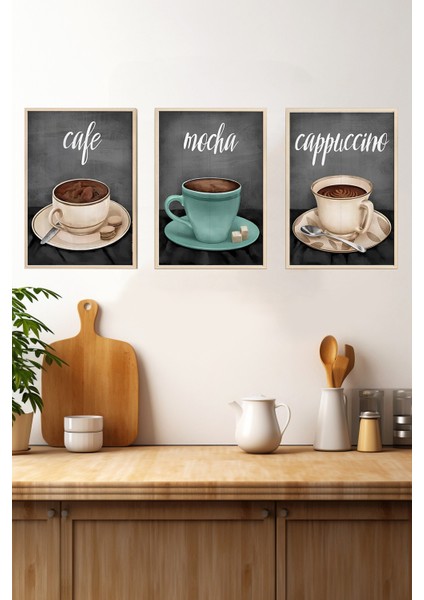 ☕ Kahve Temalı 3'lü Tablo Seti – Ahşap Çerçeveli Mdf Uv Baskı (Cafe, Mocha, Cappuccino) CRV1011 23 x 32 fırsatları