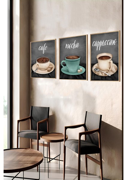 ☕ Kahve Temalı 3'lü Tablo Seti – Ahşap Çerçeveli Mdf Uv Baskı (Cafe, Mocha, Cappuccino) CRV1011 23 x 32 indirimleri