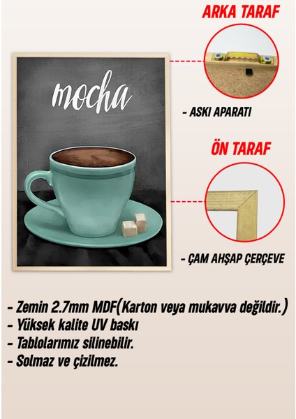 ☕ Kahve Temalı 3'lü Tablo Seti – Ahşap Çerçeveli Mdf Uv Baskı (Cafe, Mocha, Cappuccino) CRV1011 23 x 32