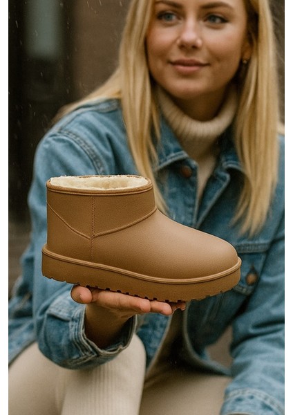 Softwarm Kadın Yünlü Yağmur Çizmesi Su Geçirmez Kar Botu Kısa Bot Içi Kürklü