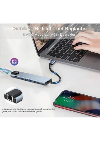 8 In 1 Macbook Pro Air USB Type-C Hub Dönüştürücü Çevirici Çoklayıcı USB Hdmı Micro Sd Girişli fırsatları