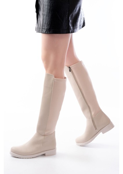 165-305 Bej Arka Streç Fermuarlı Günlük Kadın Çizme