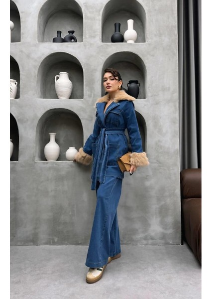Yaka ve Kolda Kürk Detaylı Denim Ikili Takım | Pantolon Ceket Kadın Kot Takım fiyatları