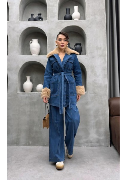 Yaka ve Kolda Kürk Detaylı Denim Ikili Takım | Pantolon Ceket Kadın Kot Takım modelleri