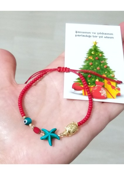 Yılbaşı Kartlı Deniz Yıldızı Kaplumbağa Nazar Dorika ve Çek Cam Boncuklu Bileklik