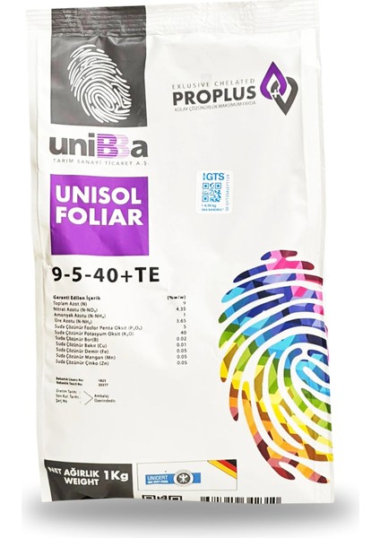 Unisol Foliar Npk Yaprak Gübresi 9-5-40+Te 1 kg