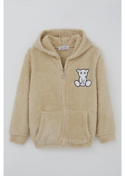 Kız Çocuk Peluş Mont Ayıcık Nakışlı Kapüşonlu Cepli 8-12 Yaş, Bej