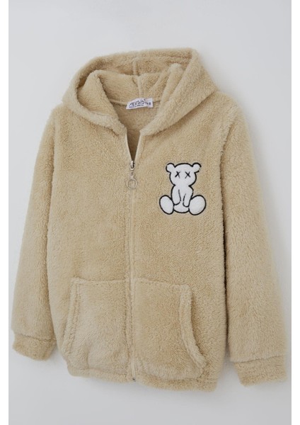 Kız Çocuk Peluş Mont Ayıcık Nakışlı Kapüşonlu Cepli 8-12 Yaş, Bej modelleri