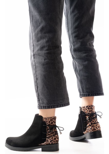165-209 Siyah Leopar Arka Bağcık Aksesuarlı Fermuarlı Günlük Kadın Bot fiyatları