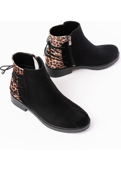 165-209 Siyah Leopar Arka Bağcık Aksesuarlı Fermuarlı Günlük Kadın Bot modelleri
