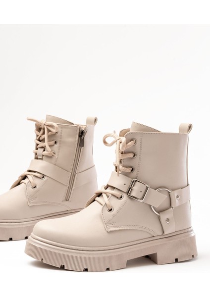 508-3038 Bej Toka Aksesuarlı Fermuarlı Günlük Kadın Bot