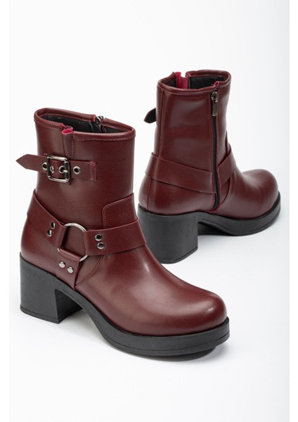 5109-3042 Bordo Toka Aksesuarlı Fermuarlı Kalın Topuklu Günlük Kadın Bot modelleri