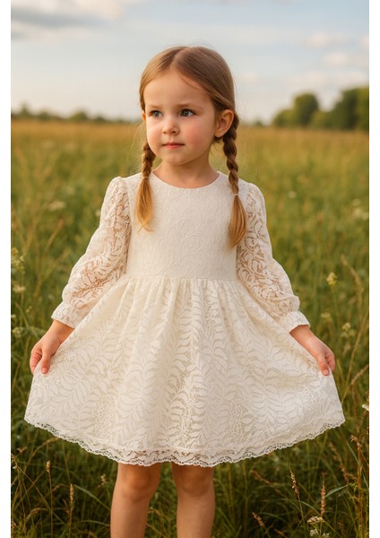 Kız Çocuk Elbise Uzun Kollu Fiyonklu Dantel Detaylı Sırt Baglamalı Bayramlık ve Özel Gün Elbisesi