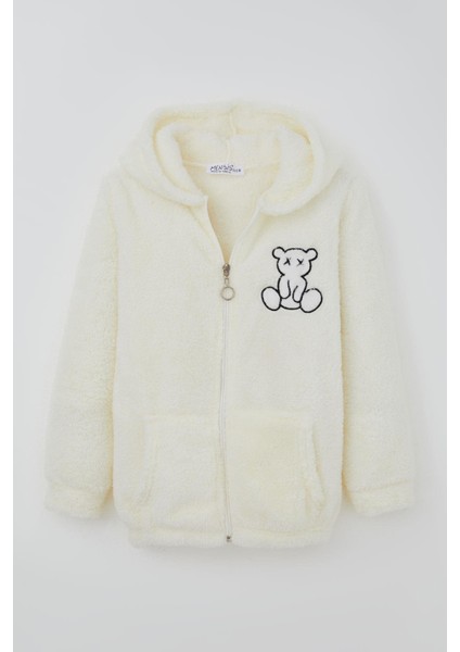 Kız Çocuk Peluş Mont Ayıcık Nakışlı Kapüşonlu Cepli 8-12 Yaş, Ekru