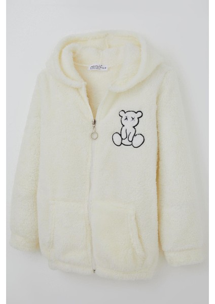 Kız Çocuk Peluş Mont Ayıcık Nakışlı Kapüşonlu Cepli 8-12 Yaş, Ekru modelleri