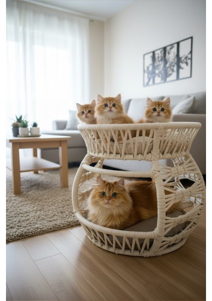 Pet Lüxperi Bombeli Kedi Ranzası 2 Katlı Kedi Yatağı Krem