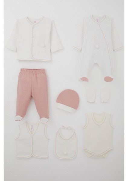 Kız Bebek Hastane Çıkışı 8 Li Ponponlu Tavşancık Nakışlı 0-3 Ay, Ekru