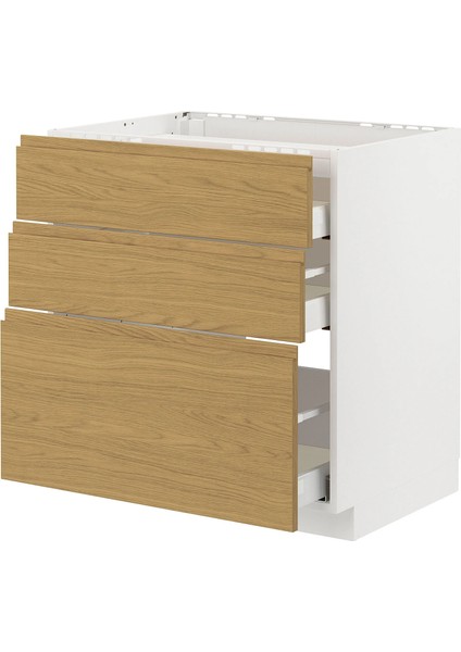Metod / Maxımera Ocak Alt Dolabı Voxtorp Meşe Görünümlü 80 x 60 Cm 3 Çekmeceli ve 3 Ön Panelli