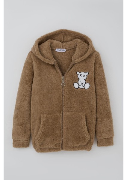 Kız Çocuk Peluş Mont Ayıcık Nakışlı Kapüşonlu Cepli 8-12 Yaş, Kahverengi