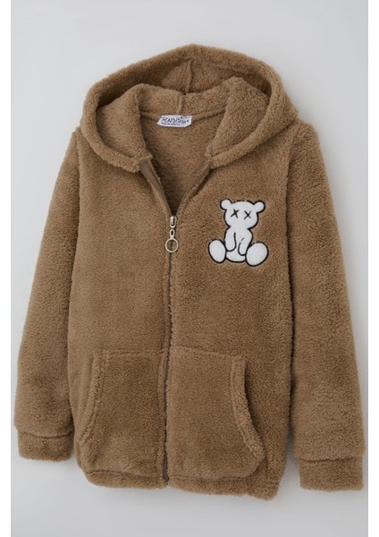 Kız Çocuk Peluş Mont Ayıcık Nakışlı Kapüşonlu Cepli 8-12 Yaş, Kahverengi modelleri