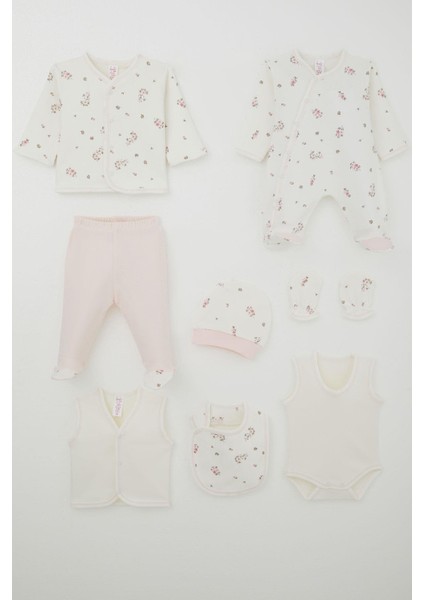 Kız Bebek Hastane Çıkışı 8 Li Çiçek Desenli 0-3 Ay, Ekru