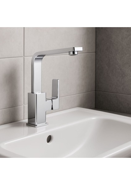 Modern Krom Lavabo Bataryası | Tek Kollu Kare Tasarım | Dayanıklı Pirinç Gövde