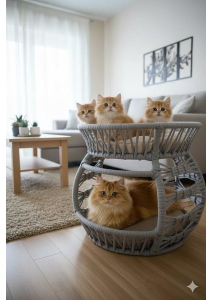 Pet Lüxperi Bombeli Kedi Ranzası 2 Katlı Kedi Yatağı Gri