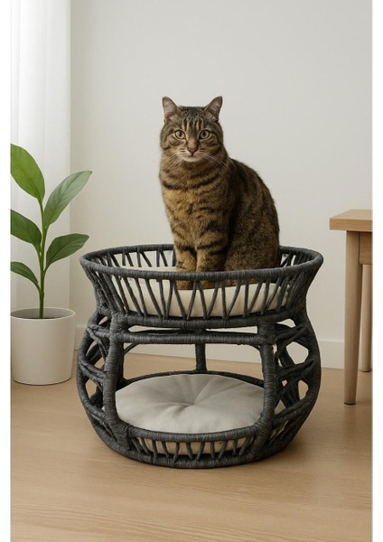 Pet Lüxperi Bombeli Kedi Ranzası 2 Katlı Kedi Yatağı Antrasit