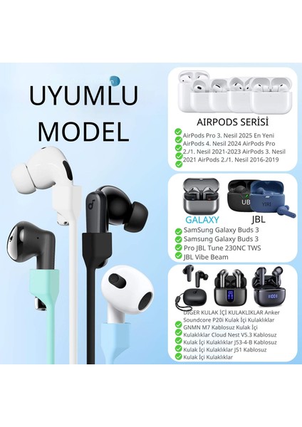 Manyetik Airpods Kaybolmaz Askı Ipi – Yumuşak Silikon, Güçlü Mıknatıs, Evrensel Uyum (Siyah / Beyaz)