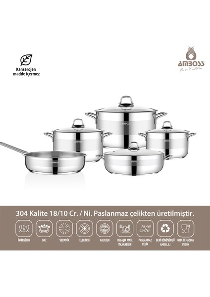 Silvana 9 Parça Tüm Ocaklara Uyumlu Paslanmaz Çelik Tencere Tava Seti