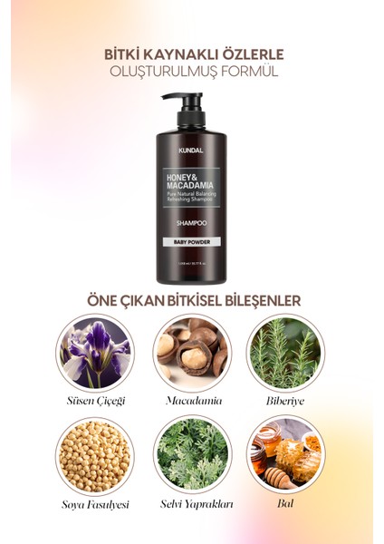 Kırılma Karşıtı Besleyici Bakım Şampuanı KUNDAL Honey & Macadamia Nature Shampoo 1058ml Baby Powder