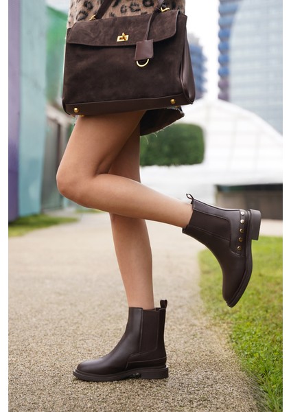 Kadın Altın Zımba Detaylı Çift Lastikli Günlük Bot Pamer Kahve fiyatları