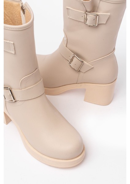 5109-3043 Bej Toka Aksesuarlı Fermuarlı Kalın Topuklu Günlük Kadın Bot modelleri
