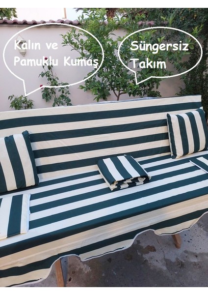 Süngersiz 3 Kişilik Salıncak Minder Seti (Pamuklu Kumaş)-Yeşil Krem