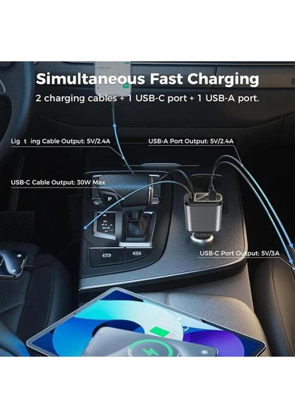 iPhone Samsung Için USB Hızlı Şarj Kablosu ile 4'ü 1 Arada Geri Çekilebilir Araç Şarj Cihazı Starlight Otomatik Tavan Atmosfer Işığı (Yurt Dışından) fiyatları