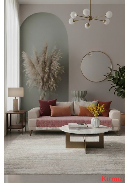 Kırmızı Pamuklu Koltuk Örtüsü 115X200 Önden Saçaklı Çizgili Desenli