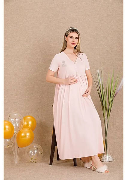 Lady Lingerie Düğmeli V Yaka ve Dantel Gül Detaylı Kısa Kollu Hamile&lohusa Gecelik Elbise fiyatları