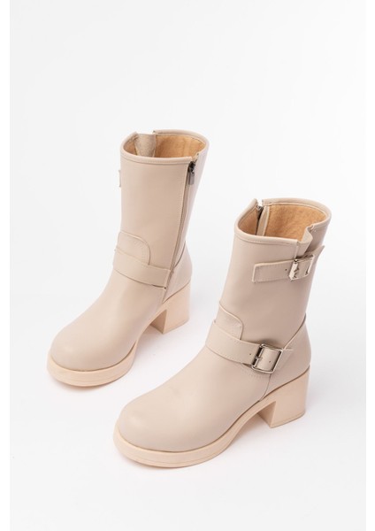 5109-3043 Bej Toka Aksesuarlı Fermuarlı Kalın Topuklu Günlük Kadın Bot fırsatları