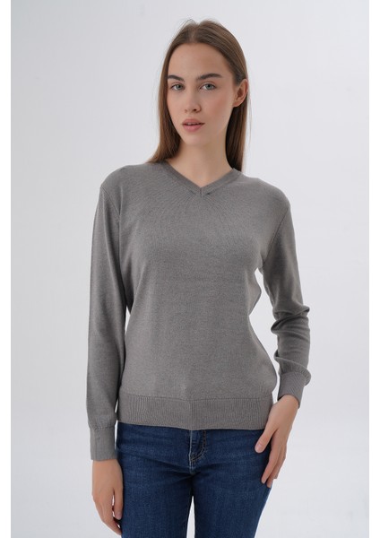 Kadın %100 Organik Pamuk V Yaka Triko Kazak Bluz TRIST-6102