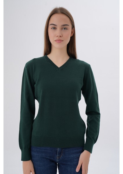 Kadın %100 Organik Pamuk V Yaka Triko Kazak Bluz TRIST-6102