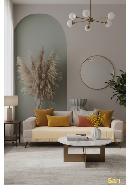 Sarı Pamuklu Koltuk Örtüsü 115X200 Önden Saçaklı Çizgili Desenli