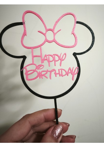 Happy Birthday Yazılı Pembe Fiyonklu Doğum Günü Pasta Süsü - Parti Pastası Topper