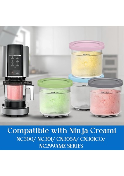 Creami Bardak ve Kapaklar - 4'lü Kremalı Dondurma Kapları Bardaklar Kavanozlar Küvetler Kutu Seti NC299AMZ ve NC300S Serisi (Yurt Dışından) modelleri