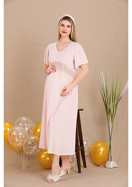 Lady Lingerie Düğmeli V Yaka Dantel Detaylı Şık Hamile&lohusa Gecelik