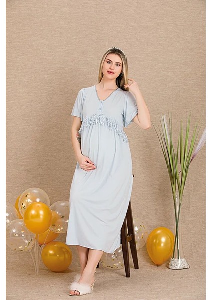Lady Lingerie Düğmeli V Yaka Dantel Detaylı Şık Hamile&lohusa Gecelik