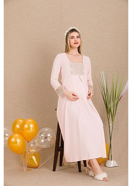 Lady Lingerie Düğmeli Açılan Dantel Yaka Detaylı Uzun Kollu Hamile&lohusa Gecelik Elbise